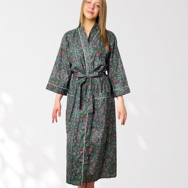 Grey and Pink Flower Print 100% Cotton Dressing Gown