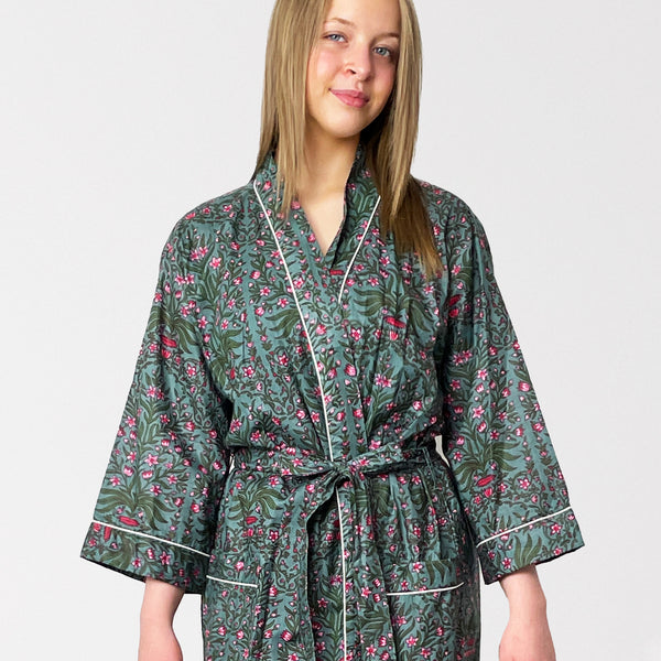 Grey and Pink Flower Print 100% Cotton Dressing Gown