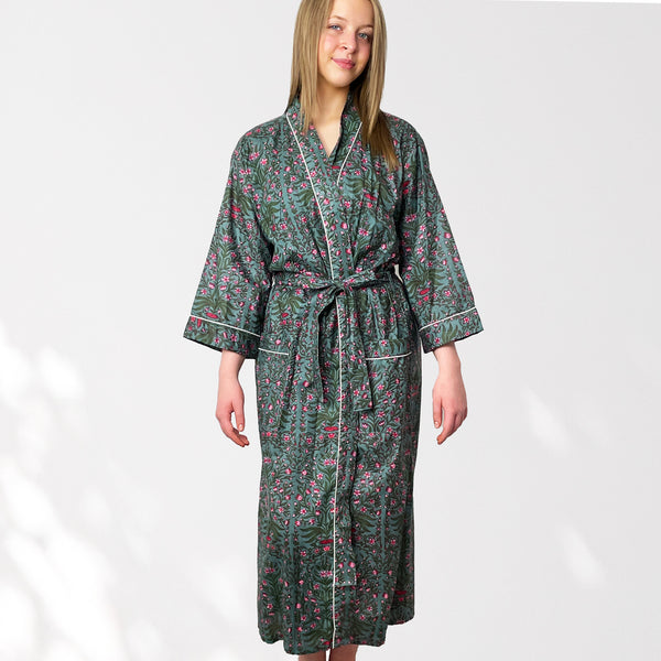 Grey and Pink Flower Print 100% Cotton Dressing Gown