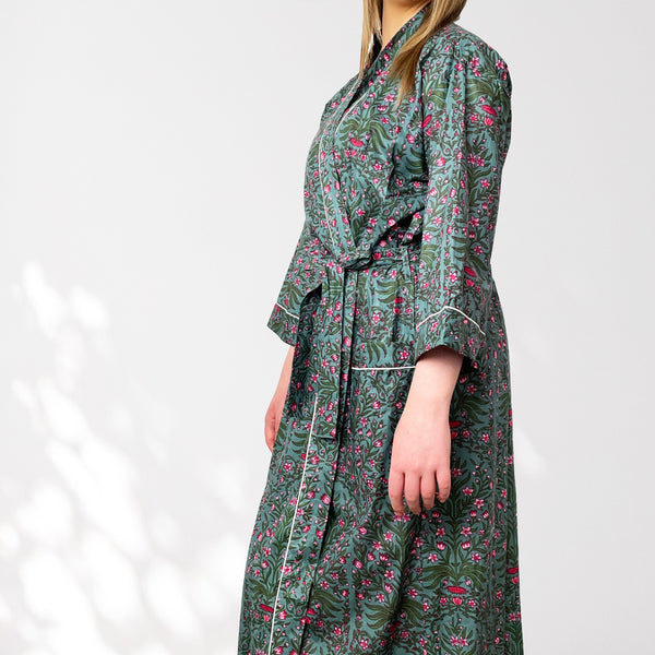 Grey and Pink Flower Print 100% Cotton Dressing Gown