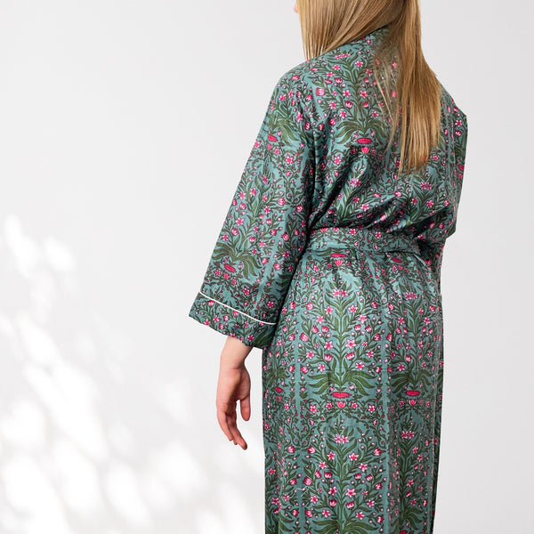 Grey and Pink Flower Print 100% Cotton Dressing Gown
