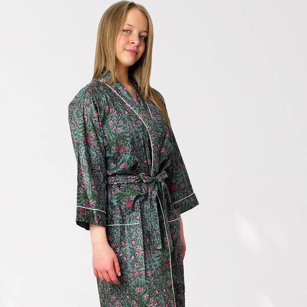 Grey and Pink Flower Print 100% Cotton Dressing Gown