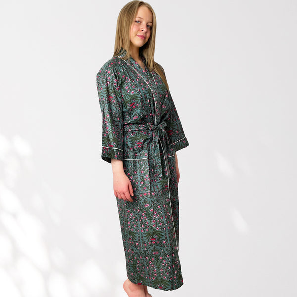 Grey and Pink Flower Print 100% Cotton Dressing Gown