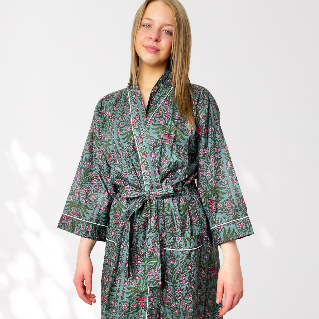Grey and Pink Flower Print 100% Cotton Dressing Gown Hayley&Co Grey and Pink Flower Print 100% Cotton Dressing Gown Hayley&Co