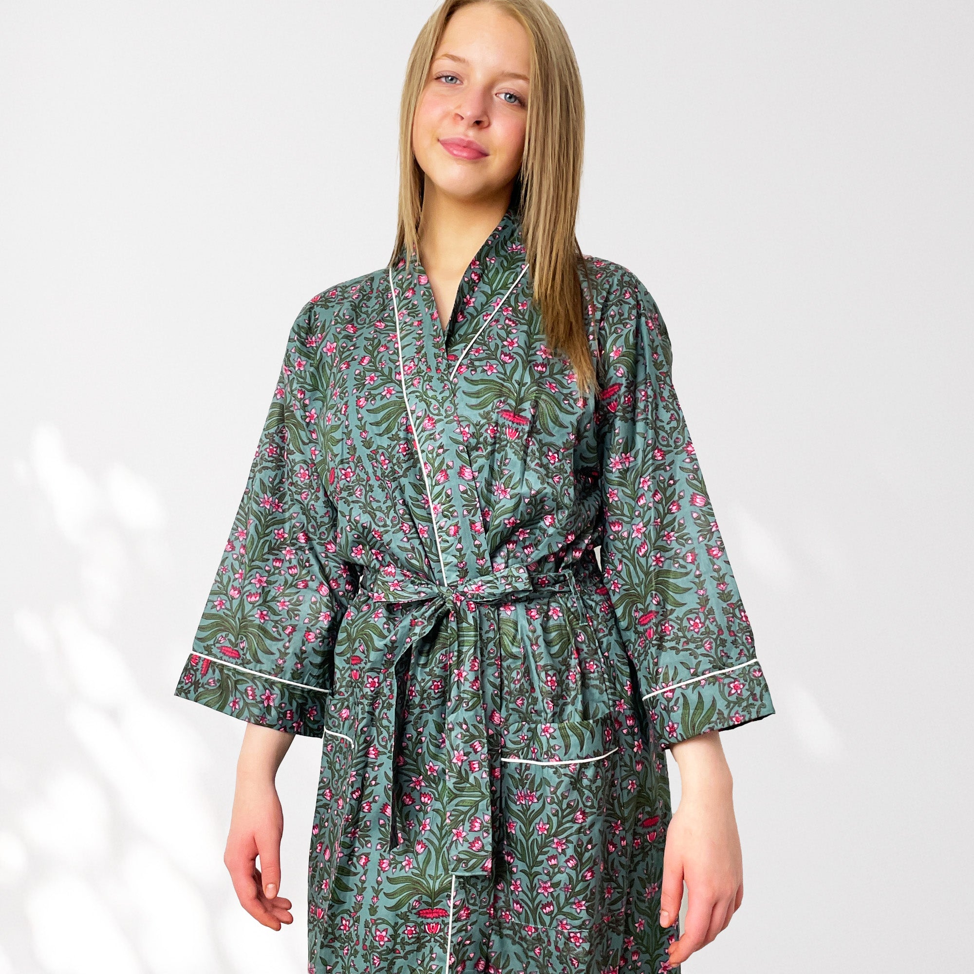 cotton printed dressing gown Plus Size Cotton Kimono Indian Block Print Robe for Women M / Green