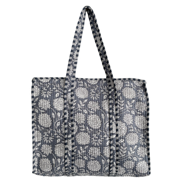 Grey Flower Quilted Cotton Shoulder Bag