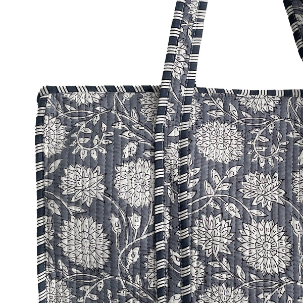 Grey Flower Quilted Cotton Shoulder Bag