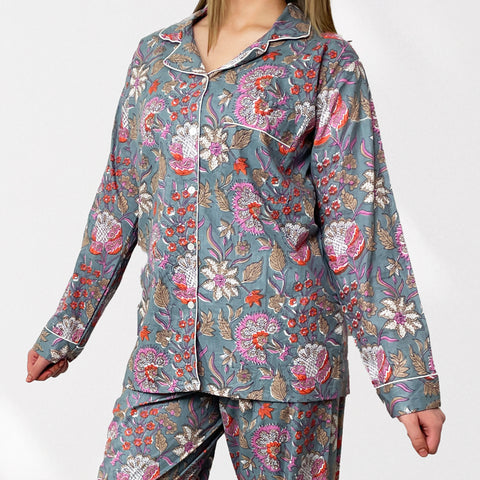 Floral 100% Cotton Long Pyjama Set in Grey and Pink
