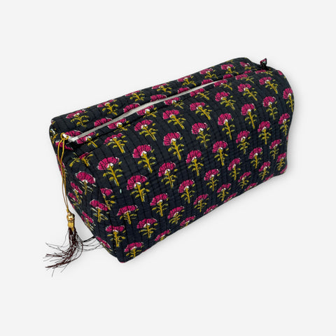 Block Printed Cotton Washbag, Make Up Bag, Pencil Case with Waterproof Lining - Dark Grey and Pink Floral