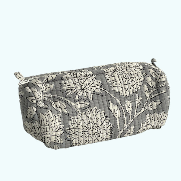 Grey Floral Block Print Cotton Washbag, Make Up Bag, Pencil Case with Waterproof Lining - Pink Sunflower Print