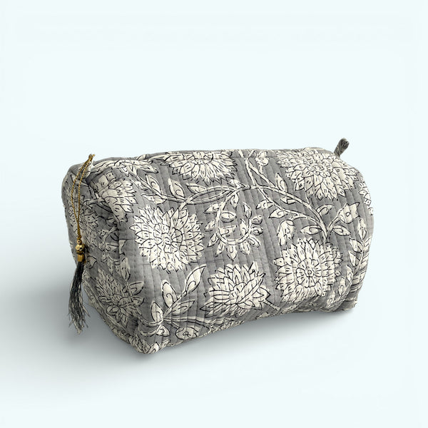 Grey Floral Block Print Cotton Washbag, Make Up Bag, Pencil Case with Waterproof Lining - Pink Sunflower Print