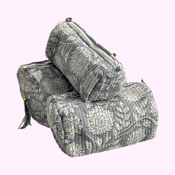 Grey Floral Block Print Cotton Washbag, Make Up Bag, Pencil Case with Waterproof Lining - Pink Sunflower Print