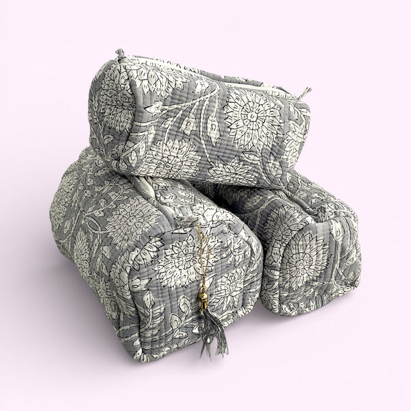 Grey Floral Block Print Cotton Washbag, Make Up Bag, Pencil Case with Waterproof Lining - Pink Sunflower Print