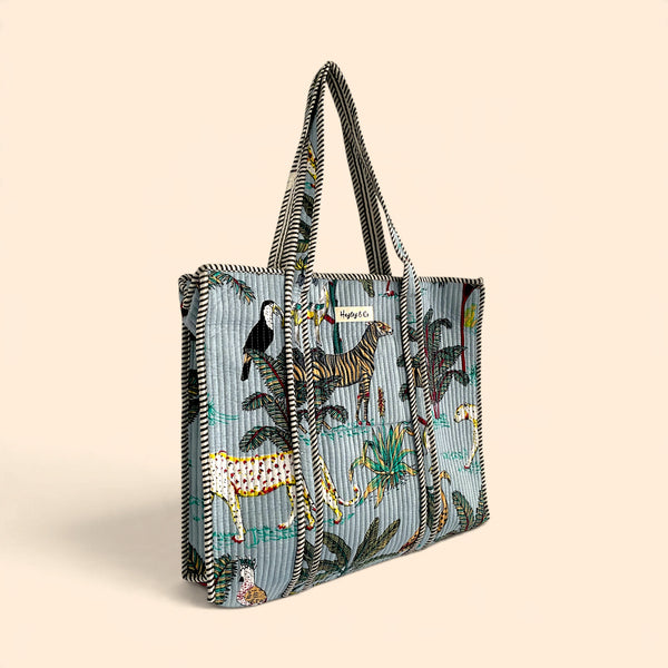 Jungle Print Large Quilted Cotton Tote Shoulder Bag in Pale Blue