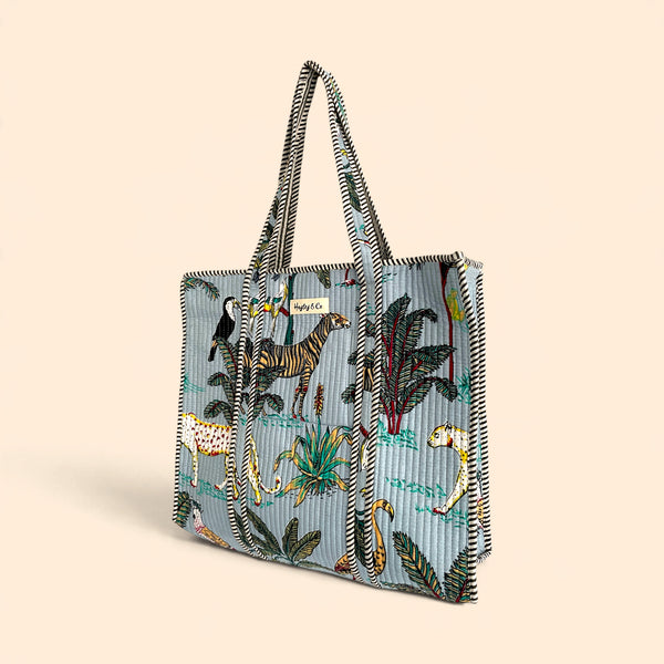 Jungle Print Large Quilted Cotton Tote Shoulder Bag in Pale Blue