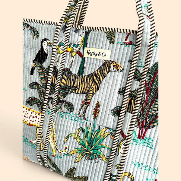 Jungle Print Large Quilted Cotton Tote Shoulder Bag in Pale Blue