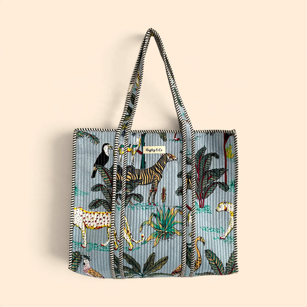 Jungle Print Large Quilted Cotton Tote Shoulder Bag in Pale Blue