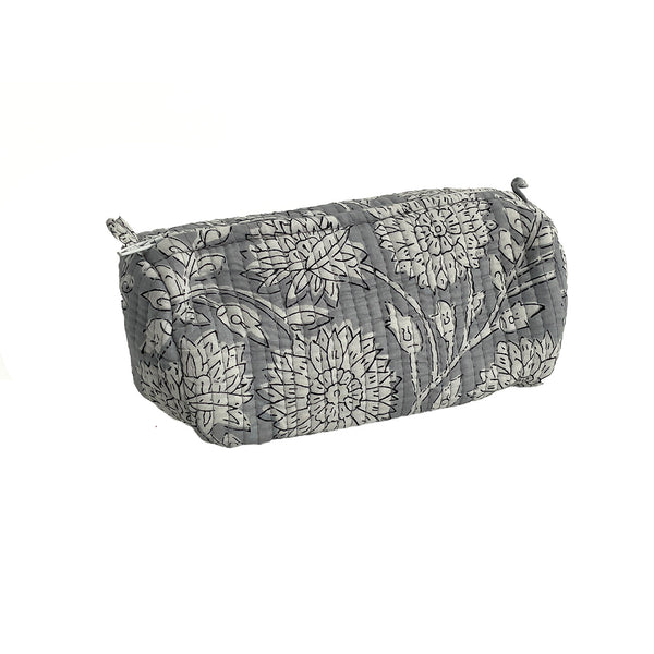 Grey Floral Block Print Cotton Washbag, Make Up Bag, Pencil Case with Waterproof Lining - Pink Sunflower Print