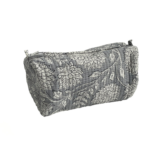 Grey Floral Block Print Cotton Washbag, Make Up Bag, Pencil Case with Waterproof Lining - Pink Sunflower Print