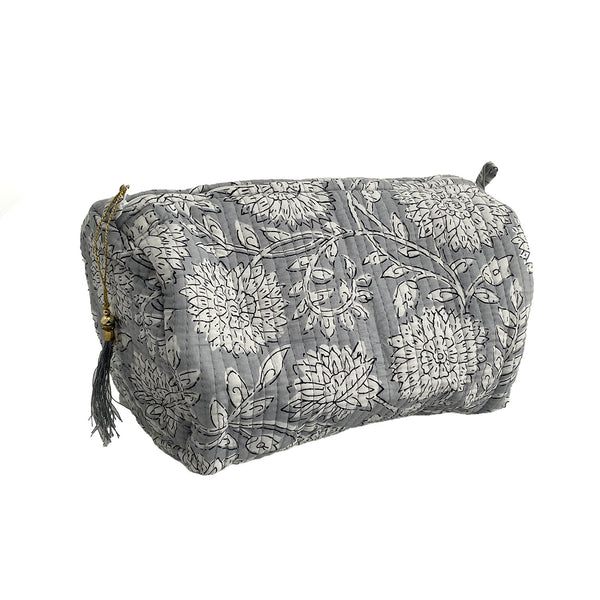 Grey Floral Block Print Cotton Washbag, Make Up Bag, Pencil Case with Waterproof Lining - Pink Sunflower Print