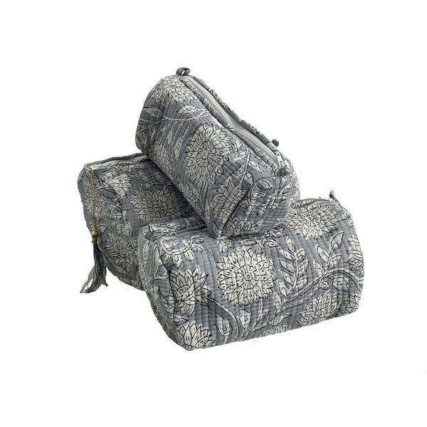 Grey Floral Block Print Cotton Washbag, Make Up Bag, Pencil Case with Waterproof Lining - Pink Sunflower Print