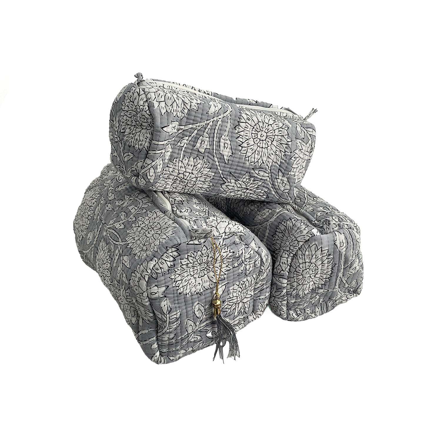 Grey Floral Block Print Cotton Washbag, Make Up Bag, Pencil Case with Waterproof Lining - Pink Sunflower Print