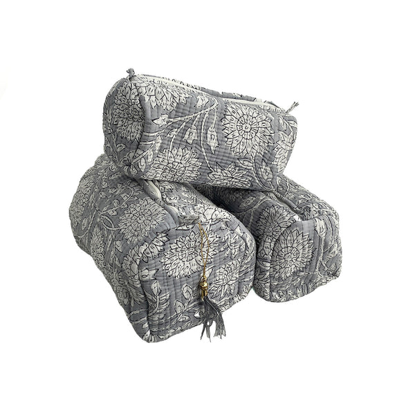 Grey Floral Block Print Cotton Washbag, Make Up Bag, Pencil Case with Waterproof Lining - Pink Sunflower Print