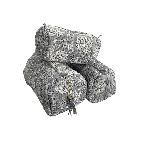 Grey Floral Block Print Cotton Washbag, Make Up Bag, Pencil Case with Waterproof Lining - Pink Sunflower Print