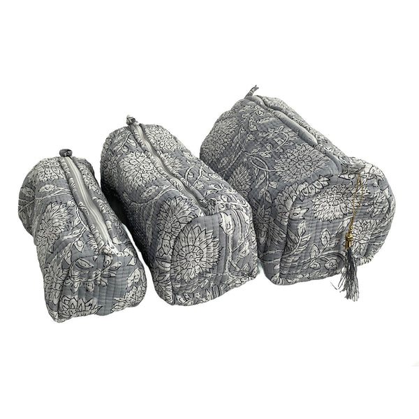 Grey Floral Block Print Cotton Washbag, Make Up Bag, Pencil Case with Waterproof Lining - Pink Sunflower Print