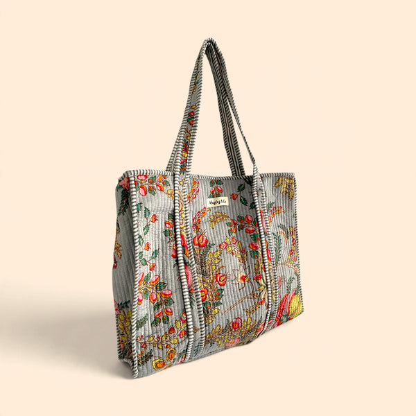 Grey and Coral Floral Quilted Cotton Tote Bag