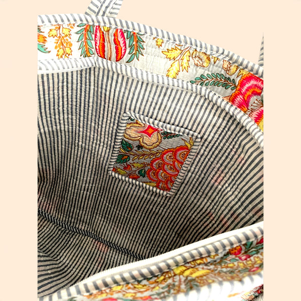 Grey and Coral Floral Quilted Cotton Tote Bag