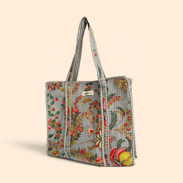 Grey and Coral Floral Quilted Cotton Tote Bag