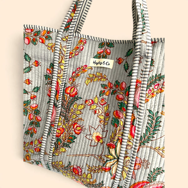 Grey and Coral Floral Quilted Cotton Tote Bag