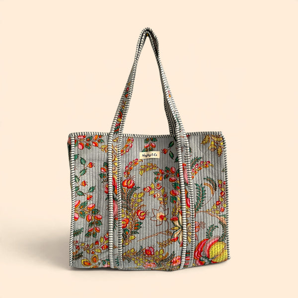 Grey and Coral Floral Quilted Cotton Tote Bag
