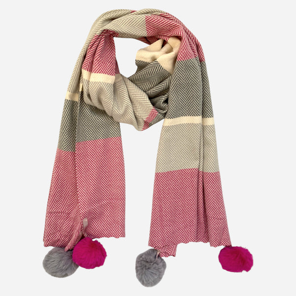 Cashmere Herringbone Scarf with Pink Pom Poms