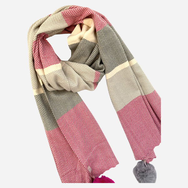 Cashmere Herringbone Scarf with Pink Pom Poms