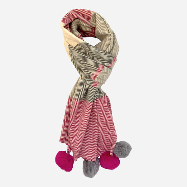 Cashmere Herringbone Scarf with Pink Pom Poms
