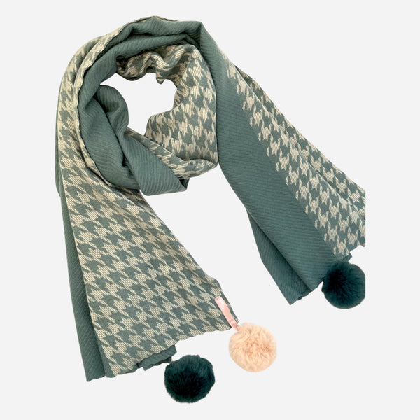 Houndstooth Cashmere Blend Winter Scarf - Teal Green