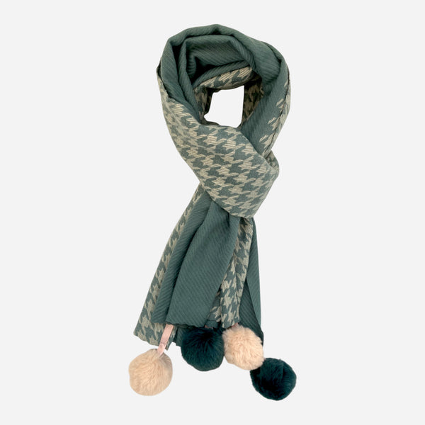 Houndstooth Cashmere Blend Winter Scarf - Teal Green