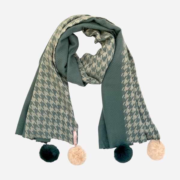 Houndstooth Cashmere Blend Winter Scarf - Teal Green