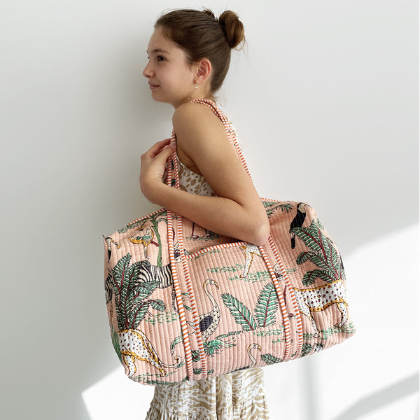 Jungle Print Weekend Duffle Print Bag in Peach