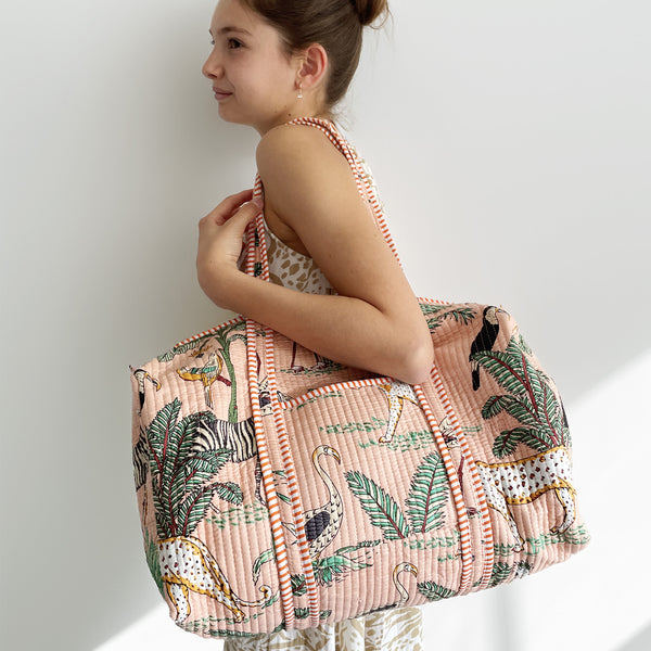 Jungle Print Weekend Duffle Print Bag in Peach