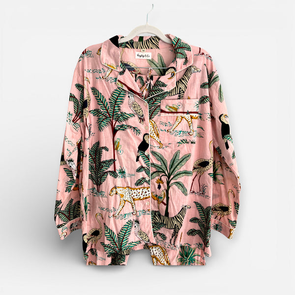 Jungle Print 100% Cotton Long Pyjama Set in Pale Pink