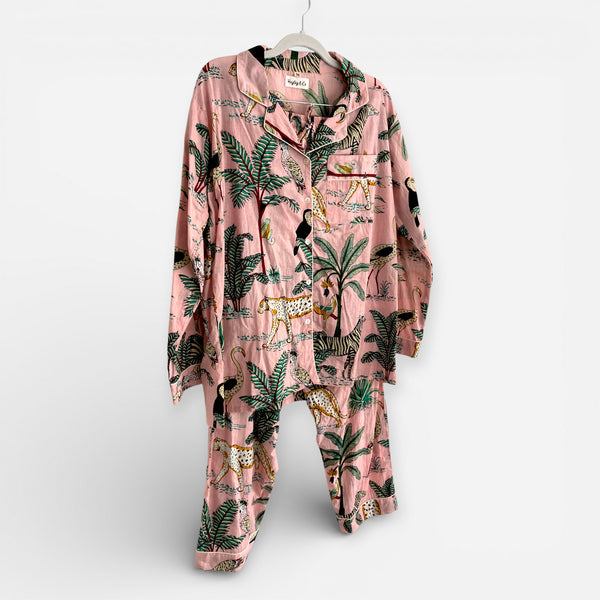 Jungle Print 100% Cotton Long Pyjama Set in Pale Pink