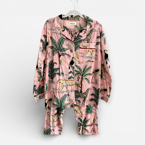 Jungle Print 100% Cotton Long Pyjama Set in Pale Pink