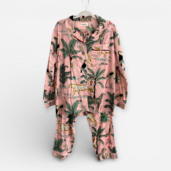 Jungle Print 100% Cotton Long Pyjama Set in Pale Pink
