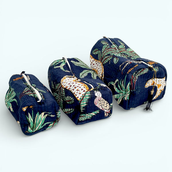 Jungle Print Cotton Washbag, Make Up Bag, Pencil Case with Waterproof Lining - Jungle Animal Print in Navy Blue