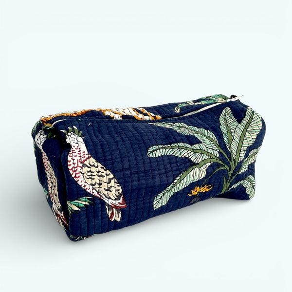 Jungle Print Cotton Washbag, Make Up Bag, Pencil Case with Waterproof Lining - Jungle Animal Print in Navy Blue