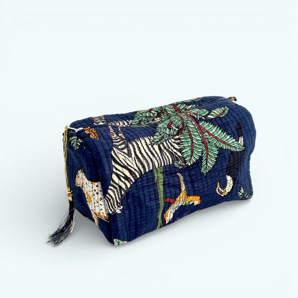 Jungle Print Cotton Washbag, Make Up Bag, Pencil Case with Waterproof Lining - Jungle Animal Print in Navy Blue