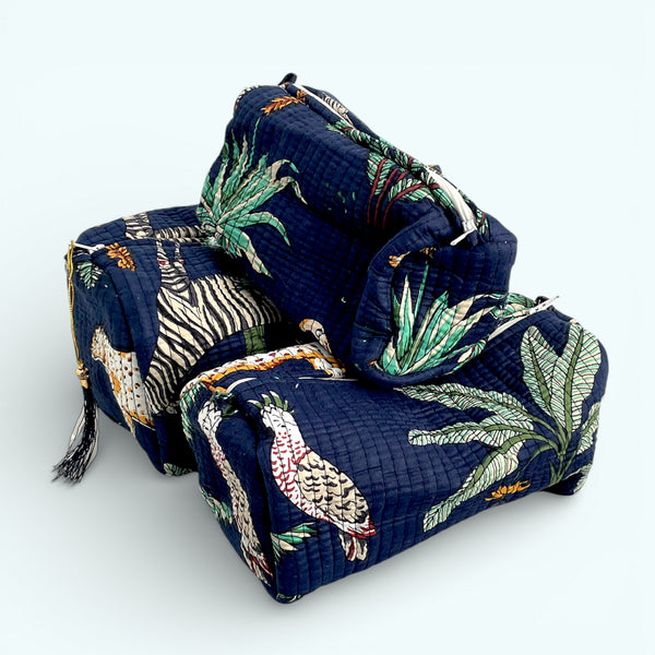 Jungle Print Cotton Washbag, Make Up Bag, Pencil Case with Waterproof Lining - Jungle Animal Print in Navy Blue